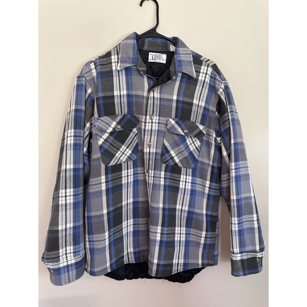 Vintage 80s Private Property Flannel Quilted Lined Jacket Size LARGE Made In USA